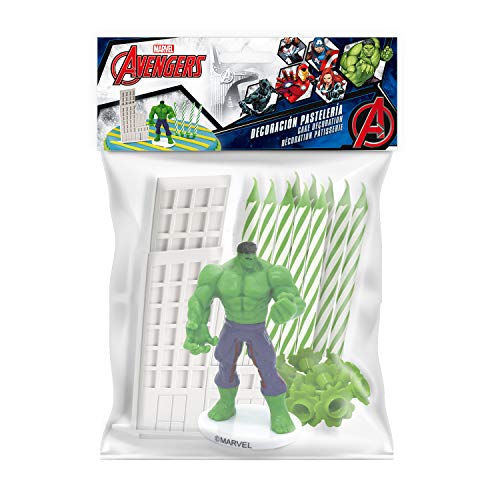 Dekora - Decoracion para Tartas con la Figura del Increible Hulk de PVC junto con 10 Velas de Cumpleaños y la Figura de un Rascacielos