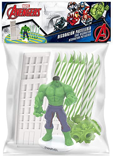 Dekora - Decoracion para Tartas con la Figura del Increible Hulk de PVC junto con 10 Velas de Cumpleaños y la Figura de un Rascacielos