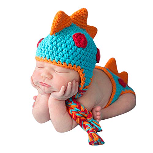 Detrade Disfraz para fotografía de bebé, disfraz de dinosaurio, disfraz de recién nacido, disfraz de dibujos animados, gorro de punto, disfraz de dinosaurio, para recién nacidos, azul, 0-12 meses