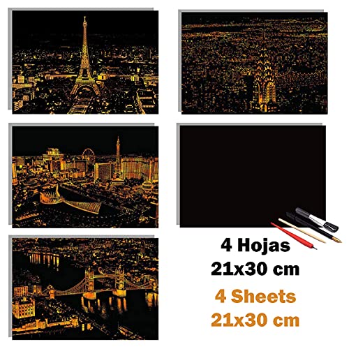 Dibujos para rascar. Paris Londres Las Vegas Nueva York. Láminas con fondo colorido para rascar. Scratch Painting. Manualidad rascar Serie ciudades.Hojas de rascar. Sets de 4 hojas de 21x29.7 cm