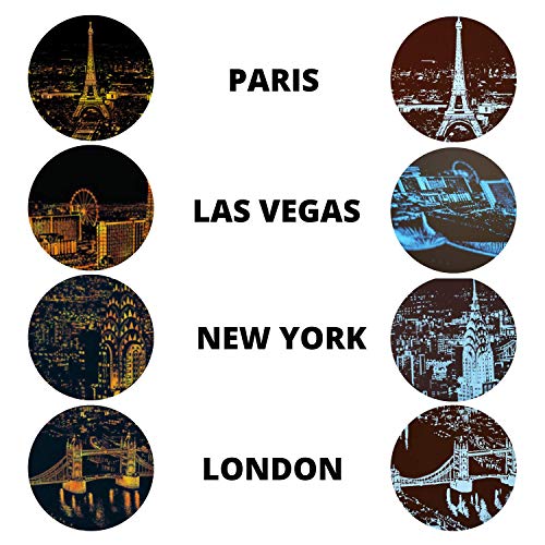 Dibujos para rascar. Paris Londres Las Vegas Nueva York. Láminas con fondo colorido para rascar. Scratch Painting. Manualidad rascar Serie ciudades.Hojas de rascar. Sets de 4 hojas de 21x29.7 cm