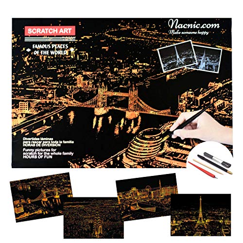 Dibujos para rascar. Paris Londres Las Vegas Nueva York. Láminas con fondo colorido para rascar. Scratch Painting. Manualidad rascar Serie ciudades.Hojas de rascar. Sets de 4 hojas de 21x29.7 cm