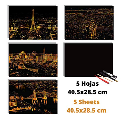 Dibujos para rascar. Paris Londres Las Vegas Nueva York. Láminas con fondo colorido para rascar. Scratch Painting. Manualidad rascar Serie ciudades.Hojas de rascar. Sets de 4 hojas de 40.5*28.5cm