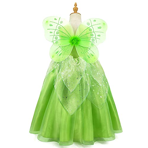 Disfraz de Campanilla con ala Mariposa para Niña Princesa Vestido Tutú de Hada del Bosque Vestirse de Elfo Verde Disfrace para Fiesta de Cumpleaño Halloween Cosplay Navidad Carnaval Verde 8-9 Años