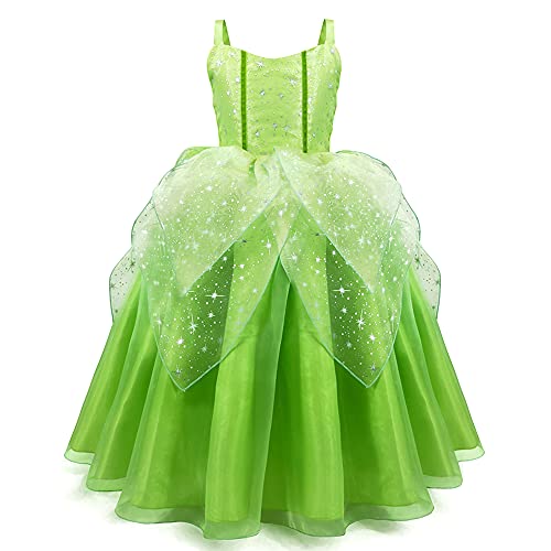 Disfraz de Campanilla con ala Mariposa para Niña Princesa Vestido Tutú de Hada del Bosque Vestirse de Elfo Verde Disfrace para Fiesta de Cumpleaño Halloween Cosplay Navidad Carnaval Verde 8-9 Años