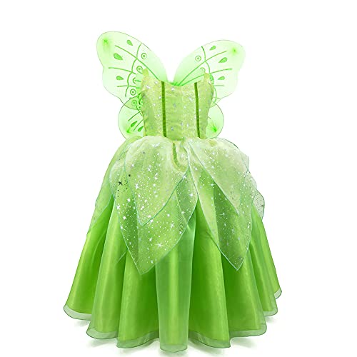 Disfraz de Campanilla con ala Mariposa para Niña Princesa Vestido Tutú de Hada del Bosque Vestirse de Elfo Verde Disfrace para Fiesta de Cumpleaño Halloween Cosplay Navidad Carnaval Verde 8-9 Años