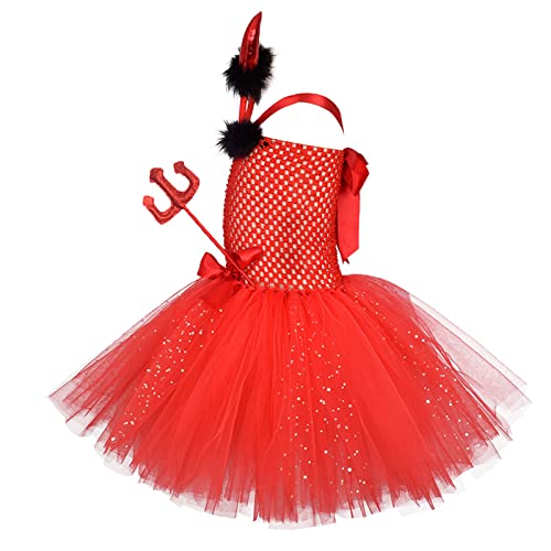 Disfraz de Diablo para Niñas Princesa Vestido Tutu de Tul Diadema de Cuerno con Varitas Trajes de Fiesta de Cumpleaños Vestido de Noche Navidad Cosplay Halloween Carnaval Fotografía Rojo 11-12 Años