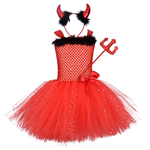 Disfraz de Diablo para Niñas Princesa Vestido Tutu de Tul Diadema de Cuerno con Varitas Trajes de Fiesta de Cumpleaños Vestido de Noche Navidad Cosplay Halloween Carnaval Fotografía Rojo 11-12 Años