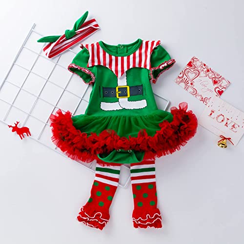 Disfraz de elfo para bebé niña Mi primera Navidad disfraz mameluco vestido tutú vestidos de tul con diadema calentadores de piernas, zapatos de 4 piezas 0-24 meses, verde, 1 mes