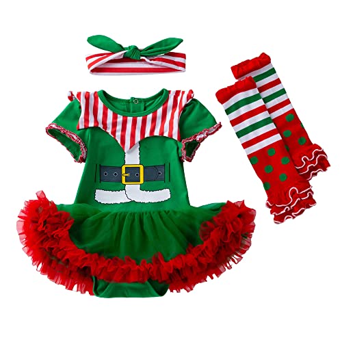 Disfraz de elfo para bebé niña Mi primera Navidad disfraz mameluco vestido tutú vestidos de tul con diadema calentadores de piernas, zapatos de 4 piezas 0-24 meses, verde, 1 mes