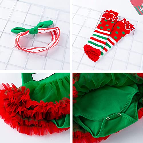 Disfraz de elfo para bebé niña Mi primera Navidad disfraz mameluco vestido tutú vestidos de tul con diadema calentadores de piernas, zapatos de 4 piezas 0-24 meses, verde, 1 mes