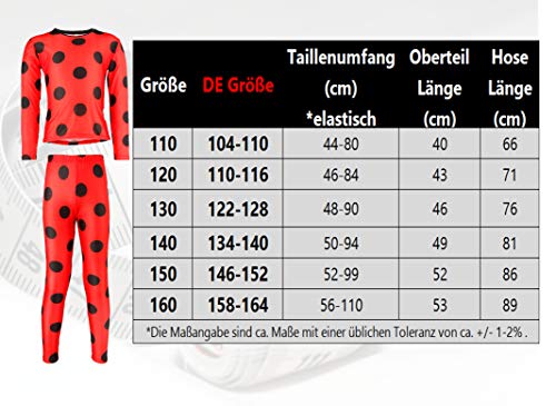 Disfraz de mariquita Ladybug, disfraz de Halloween y carnaval, juego de 4 piezas, camiseta, pantalón, antifaz con bolsillo, 146 y 152, color rojo