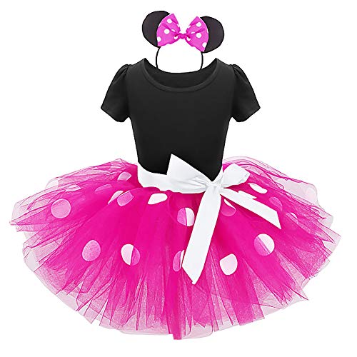 Disfraz de Minnie para bebés y niñas, con lunares y orejas de ratón, diadema para niños, princesa, cosplay, fiesta de cumpleaños, disfraz para niños, Navidad, Halloween, Negro + rosa fuerte., 5 años