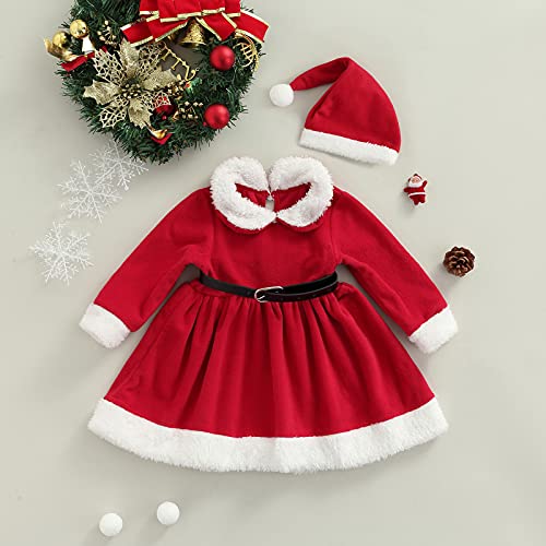 Disfraz de Navidad 2 Piezas para Niñas 1-5 Años Vestido Largo + Sombrero Vestido de Manga Larga Conjunto Navideño con Cinturón de Franela Traje Fiesta (Rojo, 12-18 Meses)