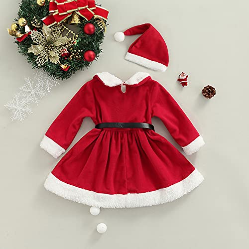 Disfraz de Navidad 2 Piezas para Niñas 1-5 Años Vestido Largo + Sombrero Vestido de Manga Larga Conjunto Navideño con Cinturón de Franela Traje Fiesta (Rojo, 12-18 Meses)