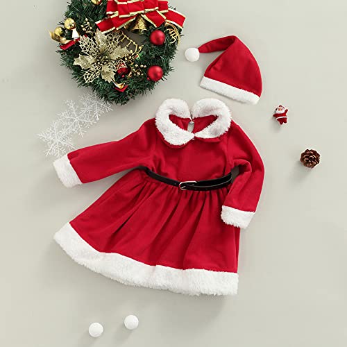 Disfraz de Navidad 2 Piezas para Niñas 1-5 Años Vestido Largo + Sombrero Vestido de Manga Larga Conjunto Navideño con Cinturón de Franela Traje Fiesta (Rojo, 12-18 Meses)