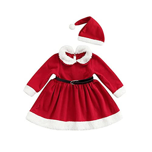 Disfraz de Navidad 2 Piezas para Niñas 1-5 Años Vestido Largo + Sombrero Vestido de Manga Larga Conjunto Navideño con Cinturón de Franela Traje Fiesta (Rojo, 12-18 Meses)