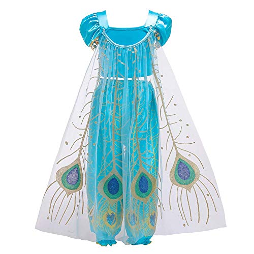 Disfraz de Princesa Jasmine con Lentejuelas para niñas Tops Pantalones Diadema Outfit Vestido de Princesa Aladdin Jasmine para Fiesta de Halloween para Niños Traje Cosplay Carnaval Navidad Azul 8-9