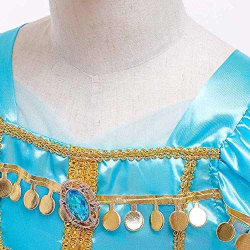 Disfraz de Princesa Jasmine con Lentejuelas para niñas Tops Pantalones Diadema Outfit Vestido de Princesa Aladdin Jasmine para Fiesta de Halloween para Niños Traje Cosplay Carnaval Navidad Azul 8-9