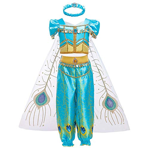 Disfraz de Princesa Jasmine con Lentejuelas para niñas Tops Pantalones Diadema Outfit Vestido de Princesa Aladdin Jasmine para Fiesta de Halloween para Niños Traje Cosplay Carnaval Navidad Azul 8-9