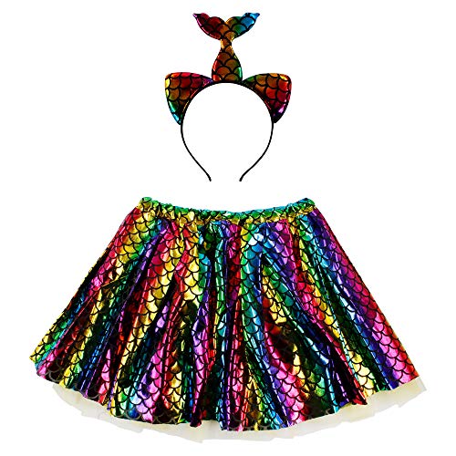 Disfraz de Sirena Falda Tutu Mujer de Baile con Diadema con Brillo, Pack de 2 Unidades para Fiesta, Cintura 60-110cm (Pack Sirena/Multicolor)