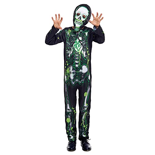 Disfraz Esqueleto Niño Halloween Radiactivo [3-4 años]【Talla Infantil de 3 a 12 años】【Mono Estampado Huesos y Máscara】 Disfraces Halloween para Niño