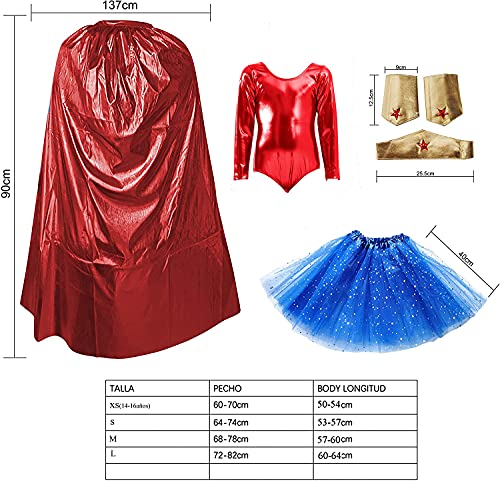 Disfraz Superhéroe Poder Niña Mujer, Conjunto Falda Tutú con Estrella, Maillot Body, Capa, Pulseras, Tocado y Medias (Pack rojo superwoman, M)