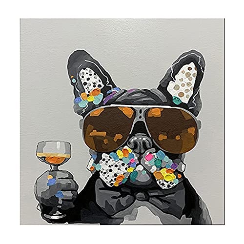 DIY Pintura por Números Gafas de sol copa de vino negro bulldog francés perro Pintpor Número de Kits con Pinceles y Pinturas 40x40cm Sin marco