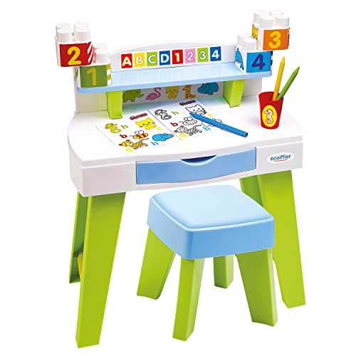 Ecoiffier Maxi Abrick Mi Primer Escritorio con Taburete, Incluye Plantillas y portalápices, Medidas: 43x20x48, Adecuado para niños a Partir de 1 año (7851), Multicolor