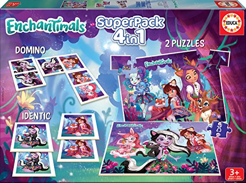 Educa - Superpack Enchantimals Pack de Domino, Identic y 2 Puzzles, Juego de Mesa, Multicolor (17935)