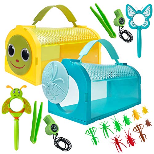 essenson Kit de 2 unidades de atrapasueños de insectos con jaula de critter y mariposa, kit de explorador al aire libre con pinzas, lupa, silbatos para exploración de patio trasero