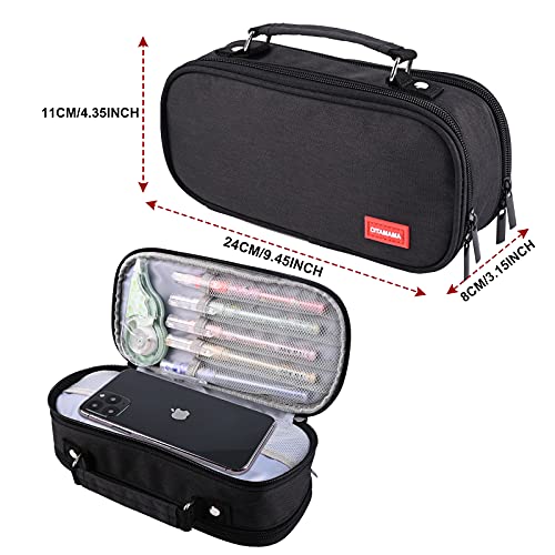 Estuche Escolar de Gran Capacidad, Estuche de Lápices con 3 Compartimentos, Bolsa de Lápiz Portable Estuche Organizador Portalapices con Cremallera Doble, para Hombre Mujer Adolescentes Adultos(Negro)