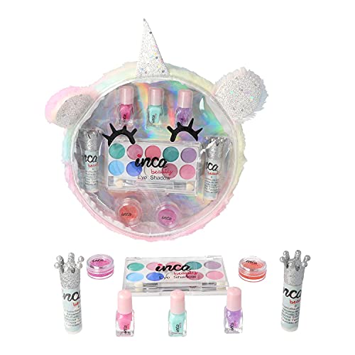 Estuche maquillaje y manicura para niñas. Neceser de unicornio. Kit de Maquillaje con sombras de ojos y lip balms + Set de manicura niña. Nó tóxico. Marca INCA