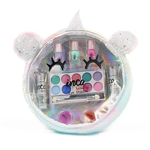 Estuche maquillaje y manicura para niñas. Neceser de unicornio. Kit de Maquillaje con sombras de ojos y lip balms + Set de manicura niña. Nó tóxico. Marca INCA