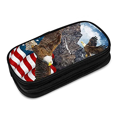 Estuche para lápices con diseño de águila calva con bandera americana alpina voladora minimalista con cremallera para la universidad, escuela, oficina, color negro