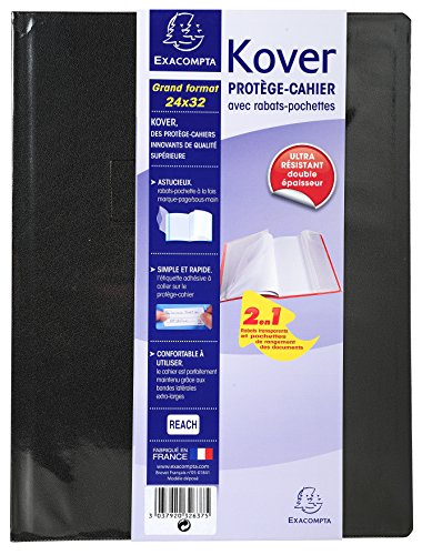 Exacompta 032637 W Protège cuaderno Kover Opaque doble grosor con solapas fundas de PVC y etiqueta adhesiva formato 24 x 32 cm negro