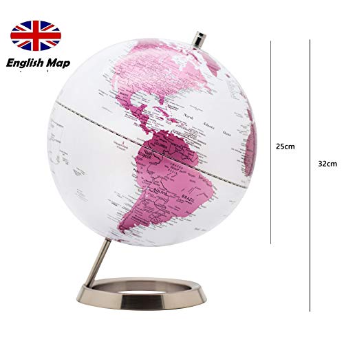 Exerz 25cm Globo terráqueo con una Base de Acero Inoxidable - en Inglés - Empaquetado En Caja Kraft De Primera Calidad, (25cm Rosado)