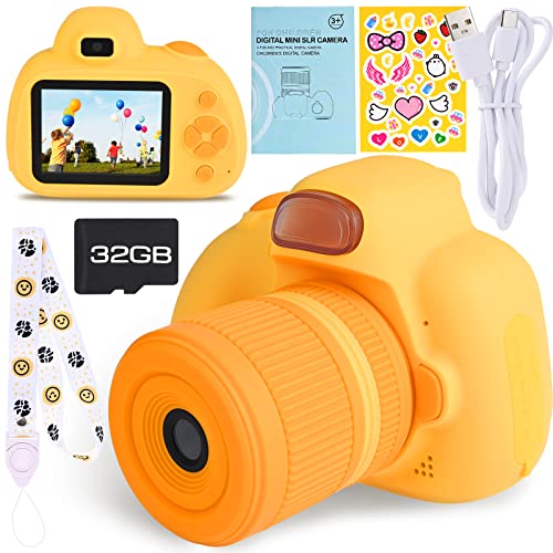 Faburo Cámara Digital para Niños, Camara de Fotos para Niños, Cámara Infantil con Tarjeta de Memoria Micro SD 32GB, Regalos de Juguete para Niños, 1080P, Amarillo