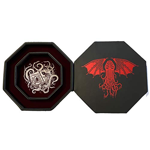 Fantasydice -Cthulhu Tome-RED- Bandeja de almacenamiento y Rolling Tray - Octagon de 20 cm con tapa y dice Staging Area Staging Staging Area Holds 5 Sets(7 Dice Set/estándar) para All Tabletop RPGs