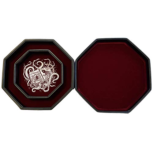 Fantasydice -Cthulhu Tome-RED- Bandeja de almacenamiento y Rolling Tray - Octagon de 20 cm con tapa y dice Staging Area Staging Staging Area Holds 5 Sets(7 Dice Set/estándar) para All Tabletop RPGs