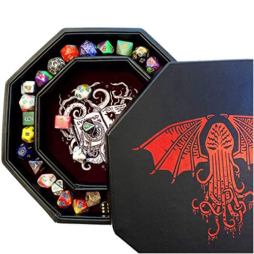 Fantasydice -Cthulhu Tome-RED- Bandeja de almacenamiento y Rolling Tray - Octagon de 20 cm con tapa y dice Staging Area Staging Staging Area Holds 5 Sets(7 Dice Set/estándar) para All Tabletop RPGs