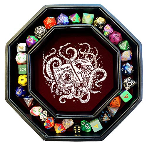 Fantasydice -Cthulhu Tome-RED- Bandeja de almacenamiento y Rolling Tray - Octagon de 20 cm con tapa y dice Staging Area Staging Staging Area Holds 5 Sets(7 Dice Set/estándar) para All Tabletop RPGs