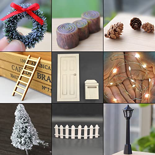 Fantsccy Accesorios para puerta de gnomo gnomo, accesorios de Navidad, miniatura, casa de muñecas, muebles, juego de accesorios, mini puerta de madera, lámpara de aceite, escaleras