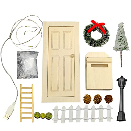 Fantsccy Accesorios para puerta de gnomo gnomo, accesorios de Navidad, miniatura, casa de muñecas, muebles, juego de accesorios, mini puerta de madera, lámpara de aceite, escaleras