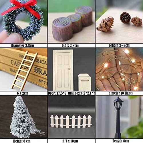 Fantsccy Accesorios para puerta de gnomo gnomo, accesorios de Navidad, miniatura, casa de muñecas, muebles, juego de accesorios, mini puerta de madera, lámpara de aceite, escaleras