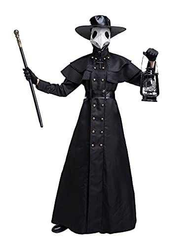 Feynman Disfraz medieval steampunk de médico de la peste negra para hombre, disfraz de médico para Halloween con juego de accesorios, color negro, talla M