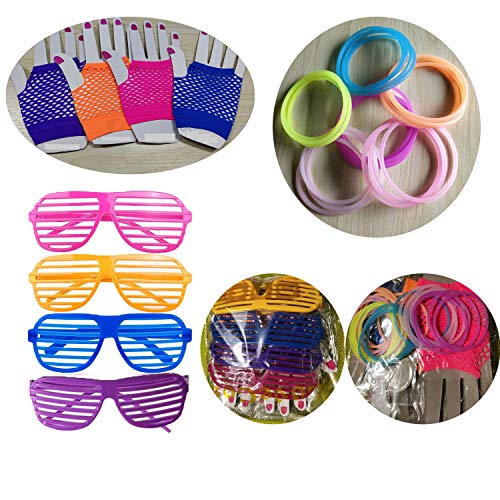 Fiesta Años Ochenta 80s Accesorios de Disfraz,Pulseras Fluor Neón Gomoso Muñequera Goma Silicona Gomitas Brazaletes,Guantes Red Malla Sin Dedos,Gafas Obturador Sombra,Niña Mujer Hen Noche Fiesta Traje