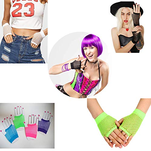 Fiesta Años Ochenta 80s Accesorios de Disfraz,Pulseras Fluor Neón Gomoso Muñequera Goma Silicona Gomitas Brazaletes,Guantes Red Malla Sin Dedos,Gafas Obturador Sombra,Niña Mujer Hen Noche Fiesta Traje