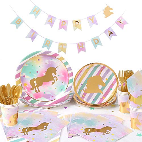 Fiesta Unicornio Cumpleaños 12 Invitados, Platos Vasos Servilletas Mantel Feliz Cumpleaños Banner Globos Decoración, Cumpleaños Unicornio para Niñas