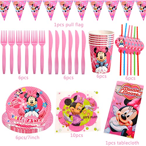 fiestas de cumpleaños infantiles, Babioms Juego de 42 piezas para fiesta de Minnie – Platos, vasos, servilletas, mantel, banderines y bolsas de fiesta para 6 niños